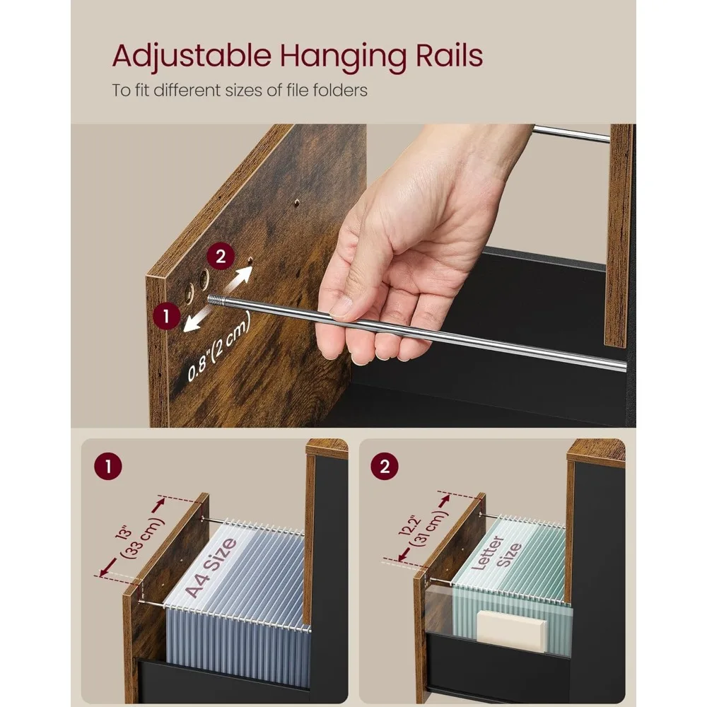 Archivador rodante de 2 cajones para oficina en casa, soporte para impresora, documentos tamaño carta A4, marrón rústico negro