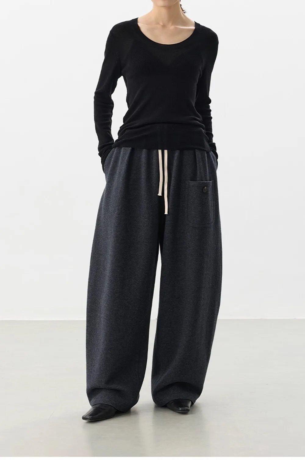 Curved Hem Pants~Wool Elastic Waist Wide-Leg Casual Pants for Women, 2025 Winter Fashionable Thickened Floor-Length Pants