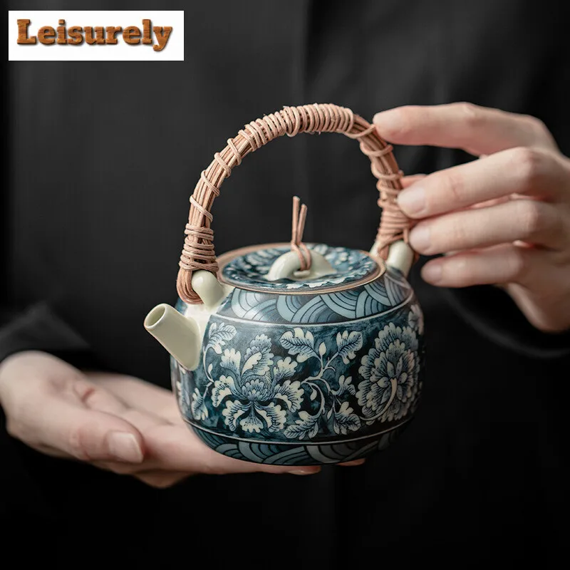 210ML Chinese Ru Kiln Vine Woven Beam Teapot Retro Blooming Flower Pot Handmade Tea Soaking Kettle Teaware Accessories Gift