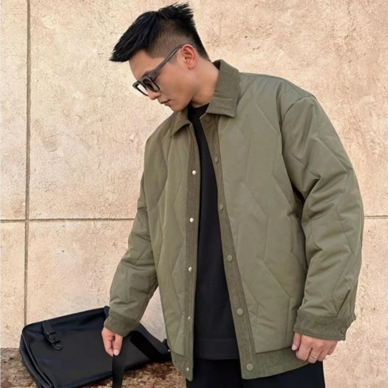 남성용 코듀로이 패널 슬림핏 코튼 패딩 재킷 칼라 레이어드 룩 겨울용 따뜻한 두꺼운 코트