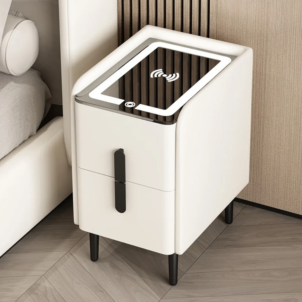 Modern Style Intelligent Bedside Table 2Drawers Faux Leather Nightstands Wireless USB Charging and 3Colors LED Bedroom Furniture