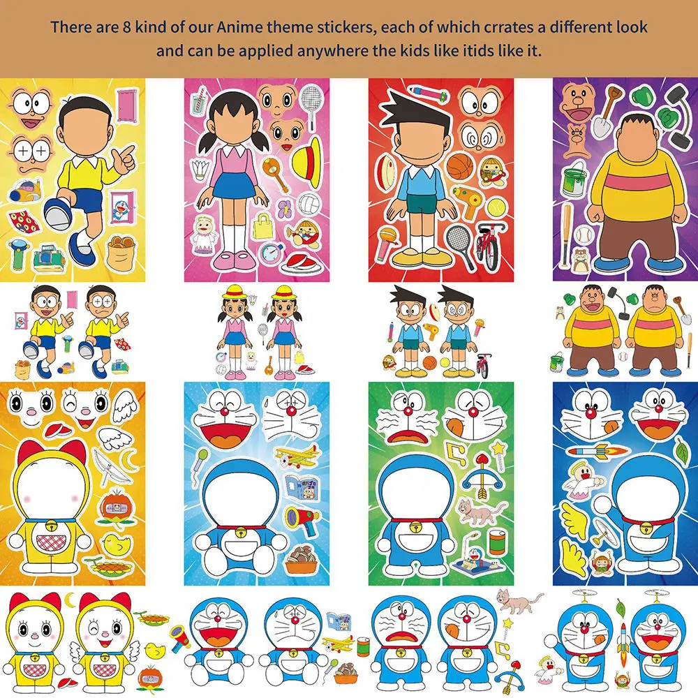 Pegatinas de personajes de dibujos animados Doraemon, 8 piezas, rompecabezas, cambio de cara, azul, hombre gordo, Nobita, Shizuka, juguete, venta al por mayor