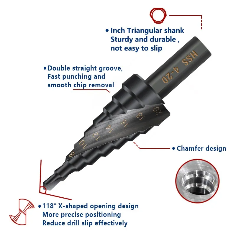 CMCP Step Cone Drill 4-12 4-20 4-32 6-30mm HSS Metal Hole Cutter Round Shank Nitriding Metal Drilling Tool Step Drill Bit