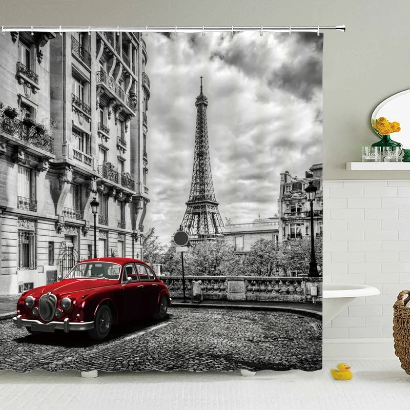 Eiffel Tower Paris Scenery Shower Curtain Vintage Scenery Cherry Blossom Butterfly Polyester Fabric Bath Curtains Bathroom Decor