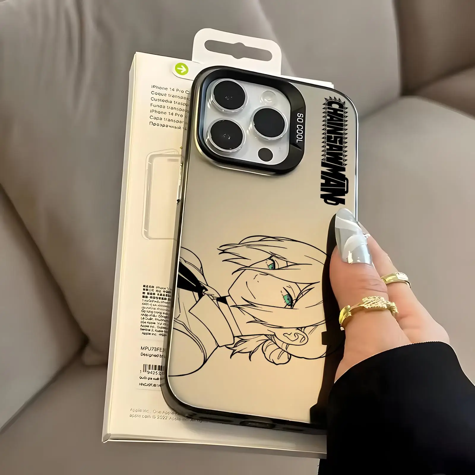 Silver IMD Phone Case for iPhone18 17 16 15 14 13 12 11Pro Max Shockproof Cover Chainsaw Man Reze Denji Couple Simple Line Art