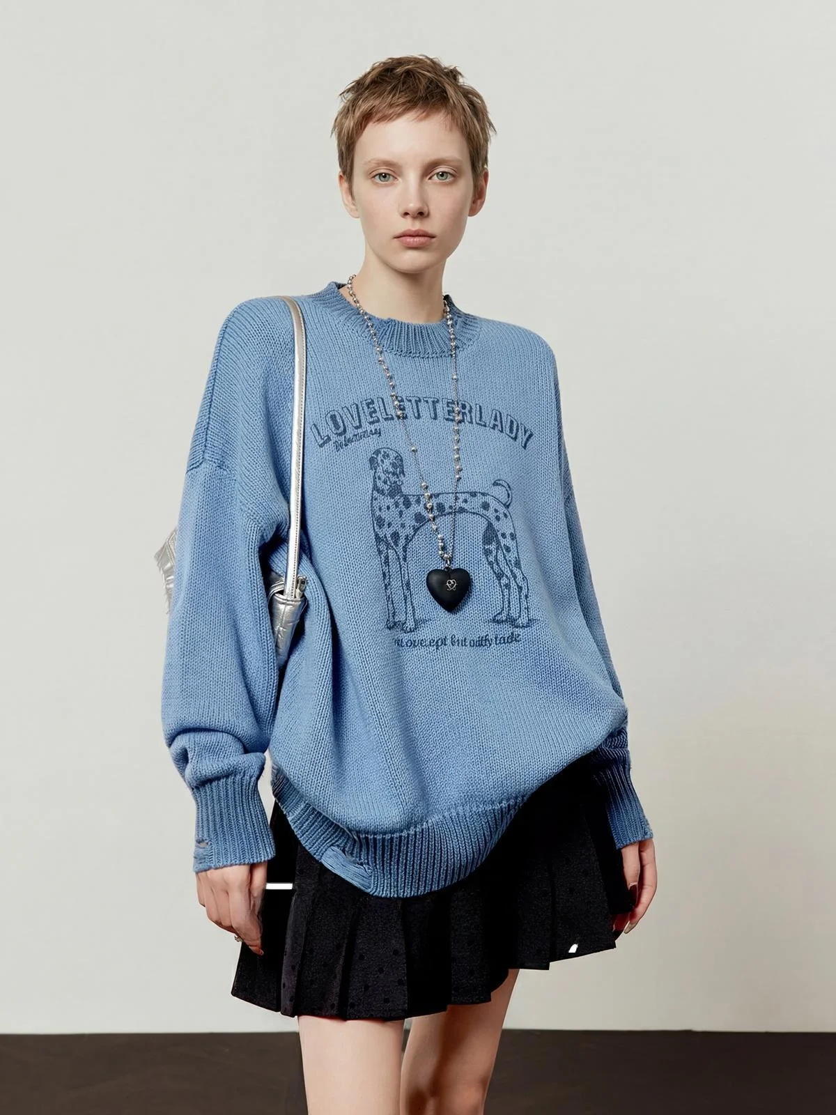 

Blue Vintage Print Knitted Sweater Women's Loose Outerwear Spring New Arrival Comfortable Long Sve round Ne Top