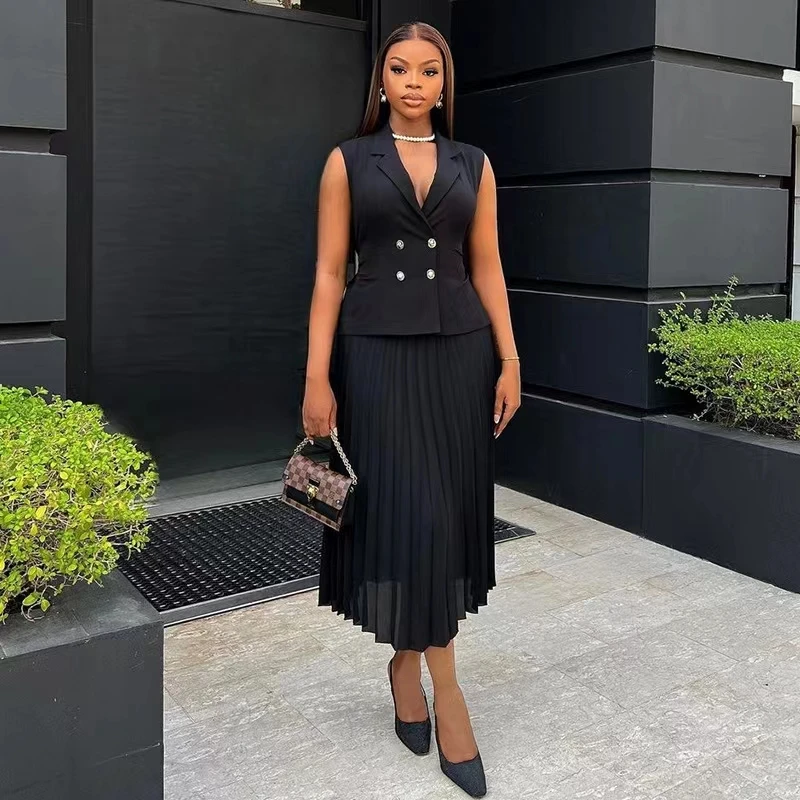 

Ele костюм с воротником и двойной пуговицей, жилет, плиссированная юбка, комплект, модный женский ансамбль из двух предметов, весенняя коллекция из полиэстера