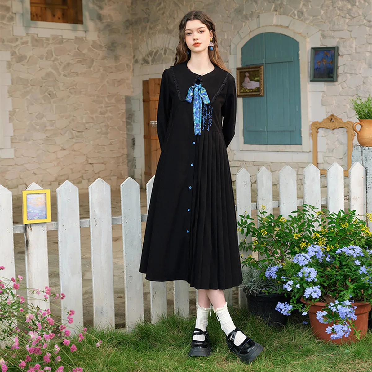 

Van Gogh-Inspired Iris Print A-Line Maxi Dress with Tie-Waist