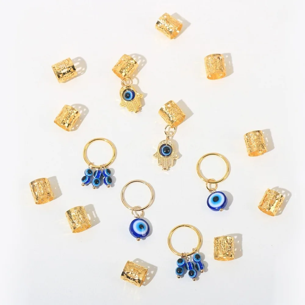 16pcs Evil Eye Hollow Out Hair Ring Dread Locks Hair Braiding Dreadlocks Beads Gold and Silver Charm Hair Braid Tubes for Braids
