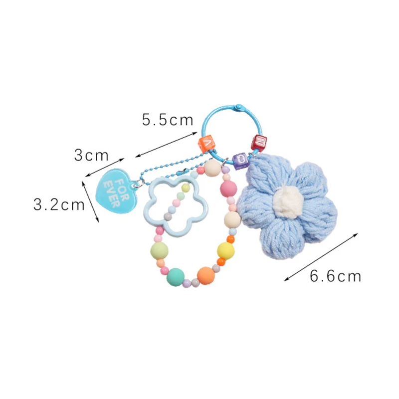 Cartoon Wool Knitted Flowers Key Chains Beaded Wristlet Lanyard Bracelet Keyring For Women Girl Bag Pendant Charms Keychain Gift