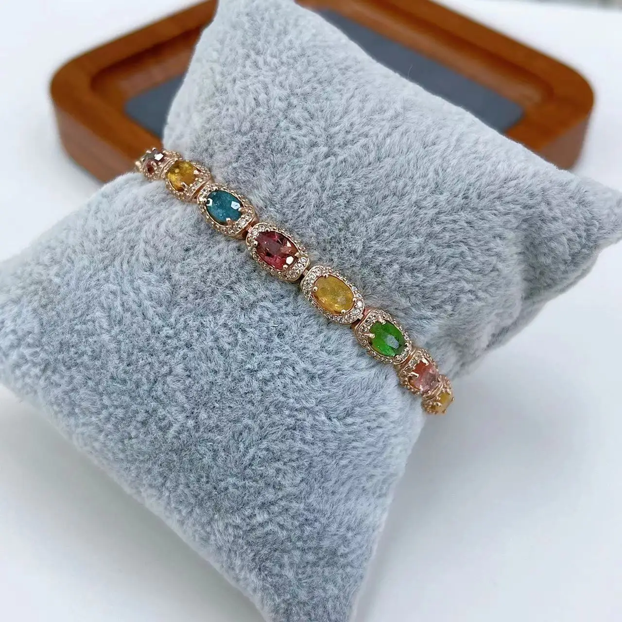 S925 Silver Plated Rose Gold Inlaid Tourmaline Bracelet 4*6mm*14 Colors Random Colorful Noble And Gorgeous Jewelry