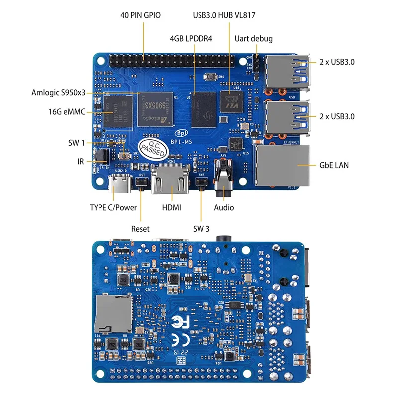 Imagem -04 - Banana Pi-m5 Mini Único Computador de Demonstração Board 4gb Ram 16gb Emmc Amlogic S905x3 Quad Core Gigabit Portas Usb 3.0