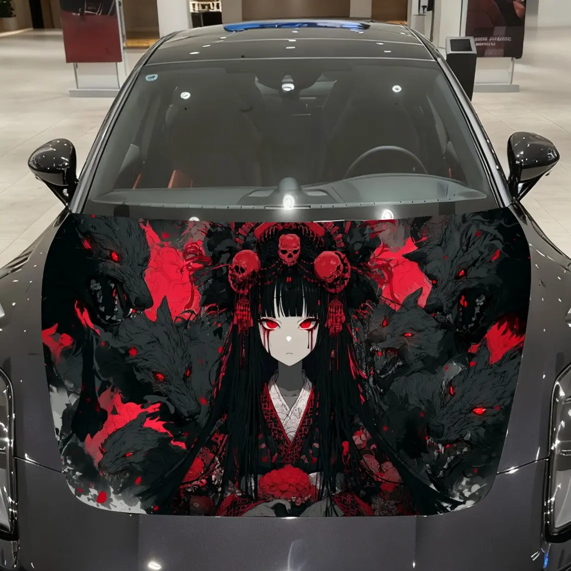 Red-Eyed Black Dragon Kimono Princess Car Vinyl Wrap, PVC Material Waterproof Car Hood Sticker, Self-Adhesive Scratch-Resistant