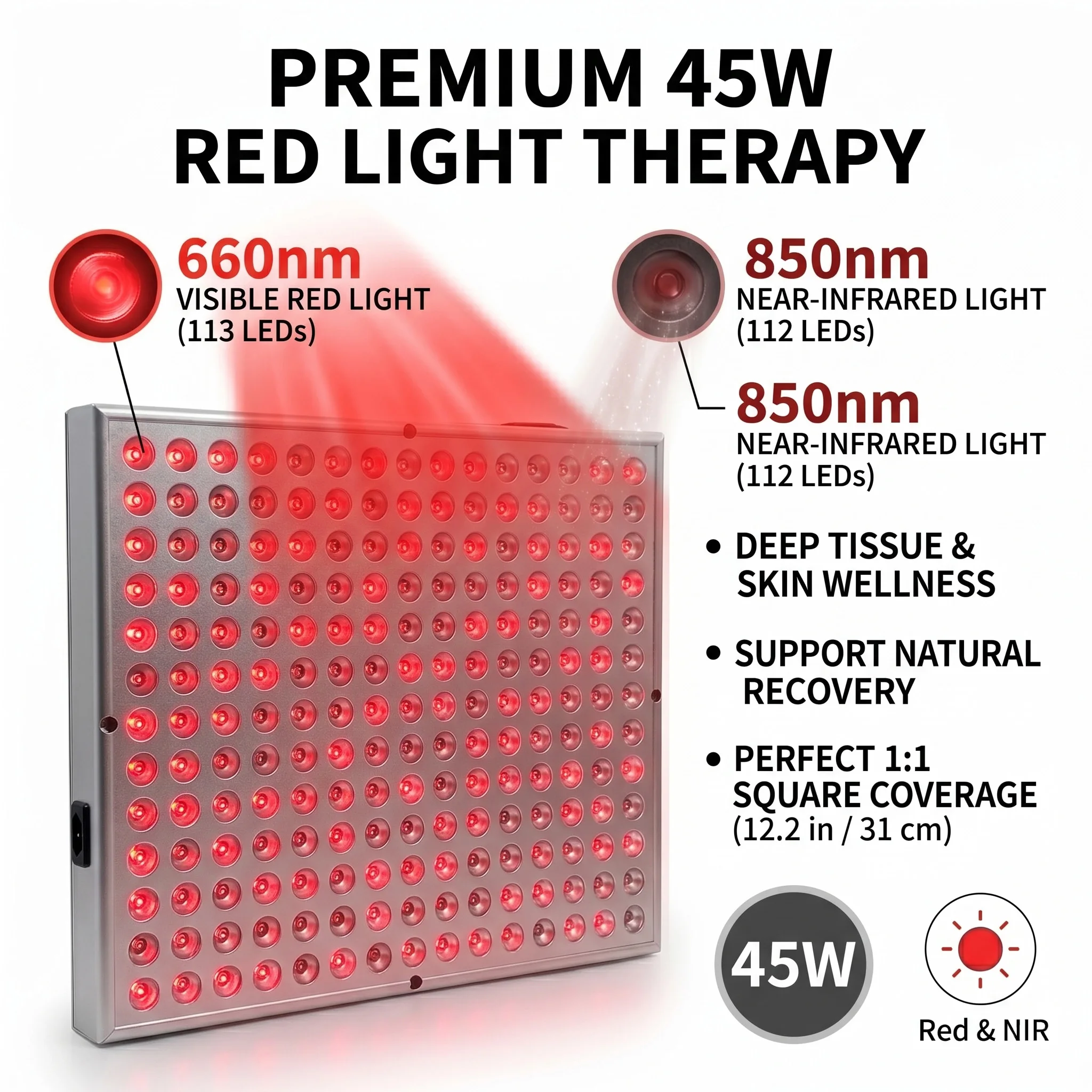 Panel de Terapia de Luz Roja e Infrarroja Cercana LED de 45W, 660nm 850nm, para Alivio del Dolor Corporal Completo, Dispositivo de Bienestar y Spa, Enchufe Estadounidense, Soporte Plateado, Kit Profesional