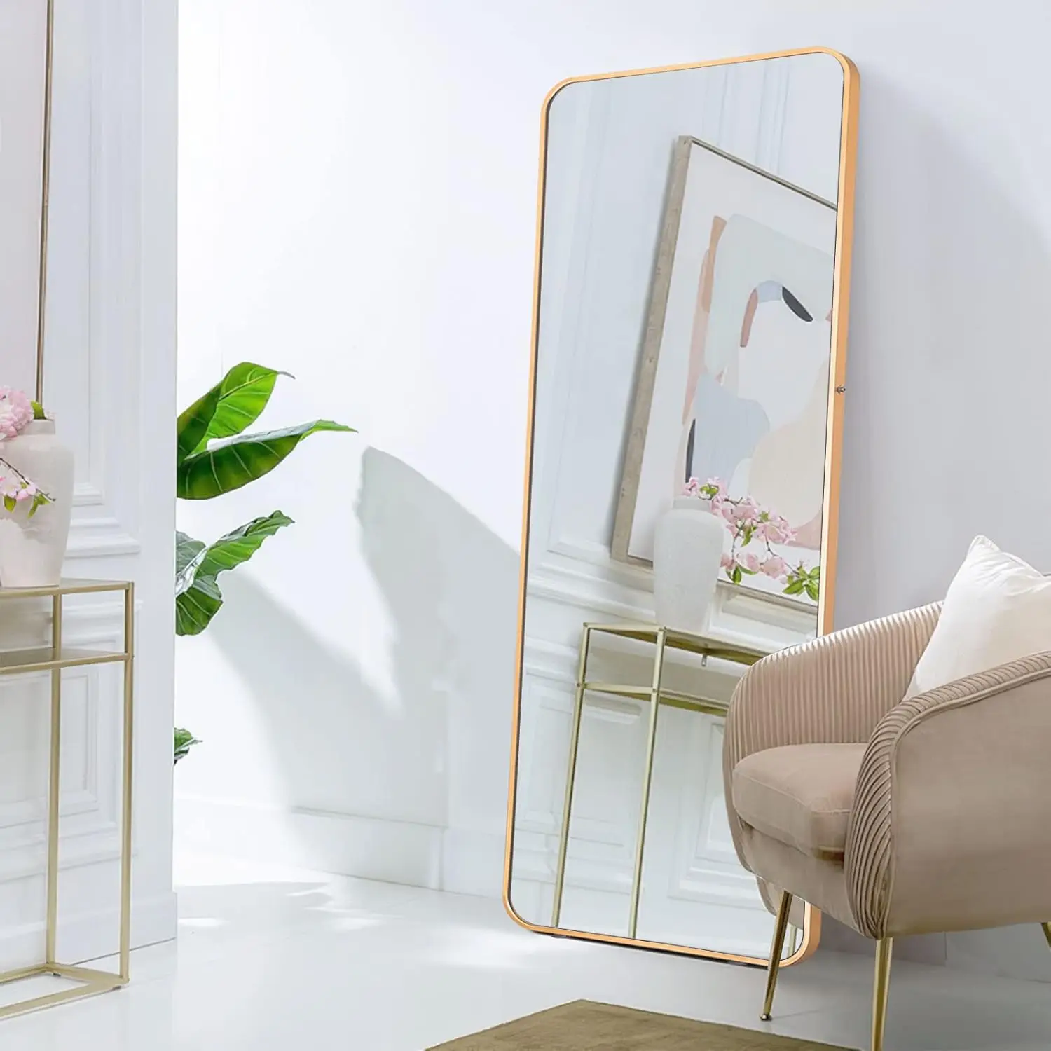 Full Length Gold Floor Mirror, Recessed Round-Corner Dressing Mirror, 65 "x 22", tamanho completo no quarto e sala de estar