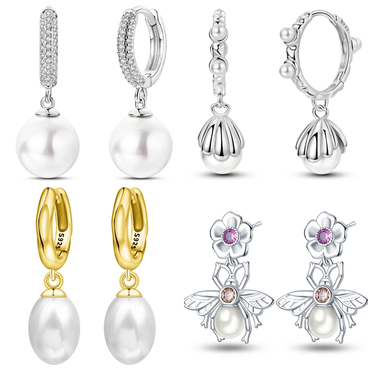 925 Sterling Silver Classic White Round Pearl Eardrops Drop Earrings Women Earrings Charm Fashion Versatile Party Jewelry Gifts