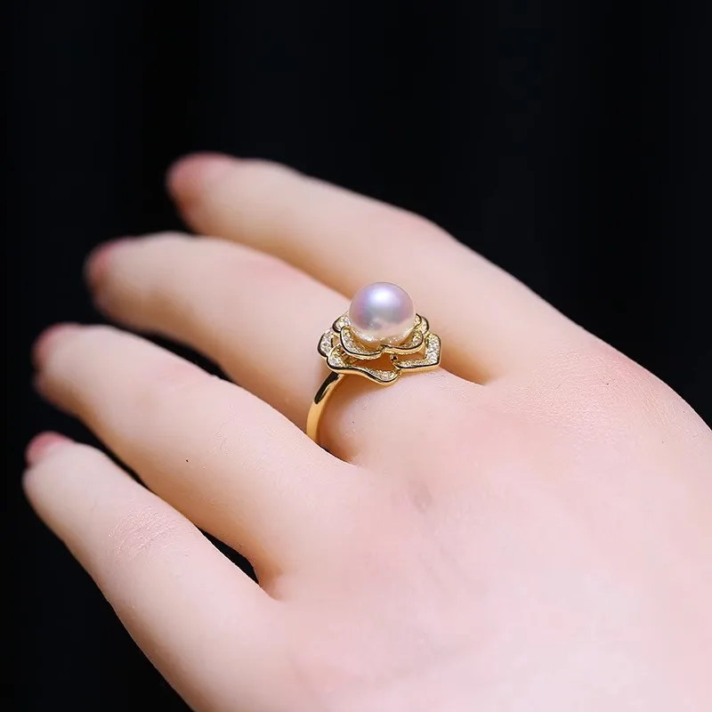 MeiBaPJ 8mm Natural Nearround Pearls Fashion Golden Flower Ring DIY 925 Silver Holder Setting Fine Wedding Jewelry for Women 2