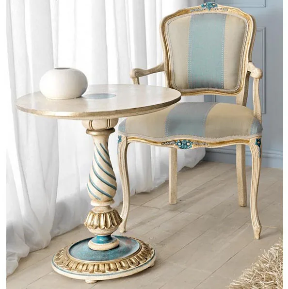 

French rural retro solid wood small coffee table American engraved gold-painted round corner table living room balcony coff