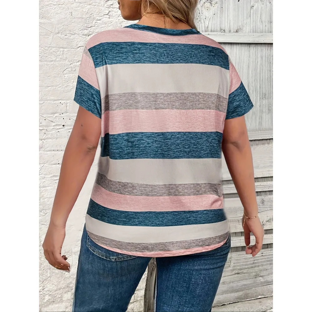 Plus Size Women's Summer New  Stripe Print Pocket hort Sleeve T-shirt Fashionable Casual Loose Printed Pattern T-Shirt