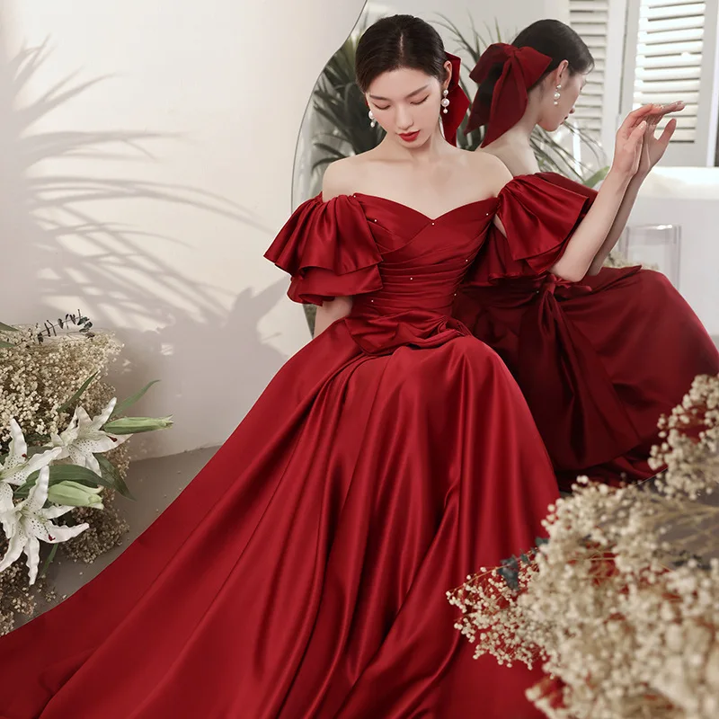 

Burgundy Off Shoulder Wedding Dresses for women Evening Party Dress Elegant Satin Big Bow Evening Gown Pearl Prom Dresses