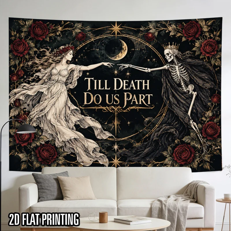 Till Death Do Us Part Tapestry, Gothic Bride Skeleton King Red Rose Moon Wall Hanging Bedroom Dorm Living Room Home Decor Cloth