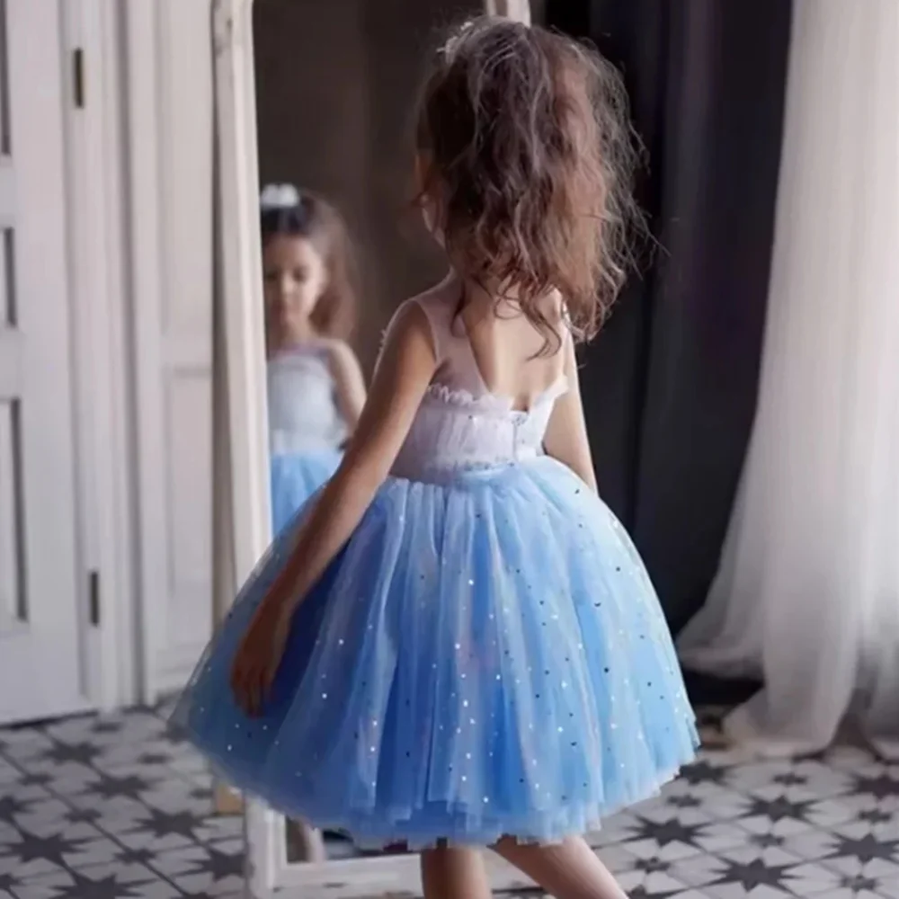 

Customized Blue Flower Girl Dresses For Wedding Sequins Knee Length Backless Cute Kids Birthday Party First Communion Ball Gown