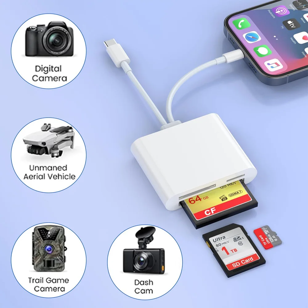 Устройство чтения SD-карт 3-в-1 Lightning Type C к SD/TF/CF Карта памяти для iPhone 16, iPad, MacBook, Samsung, Xiaomi, Multi, устройство чтения смарт-карт