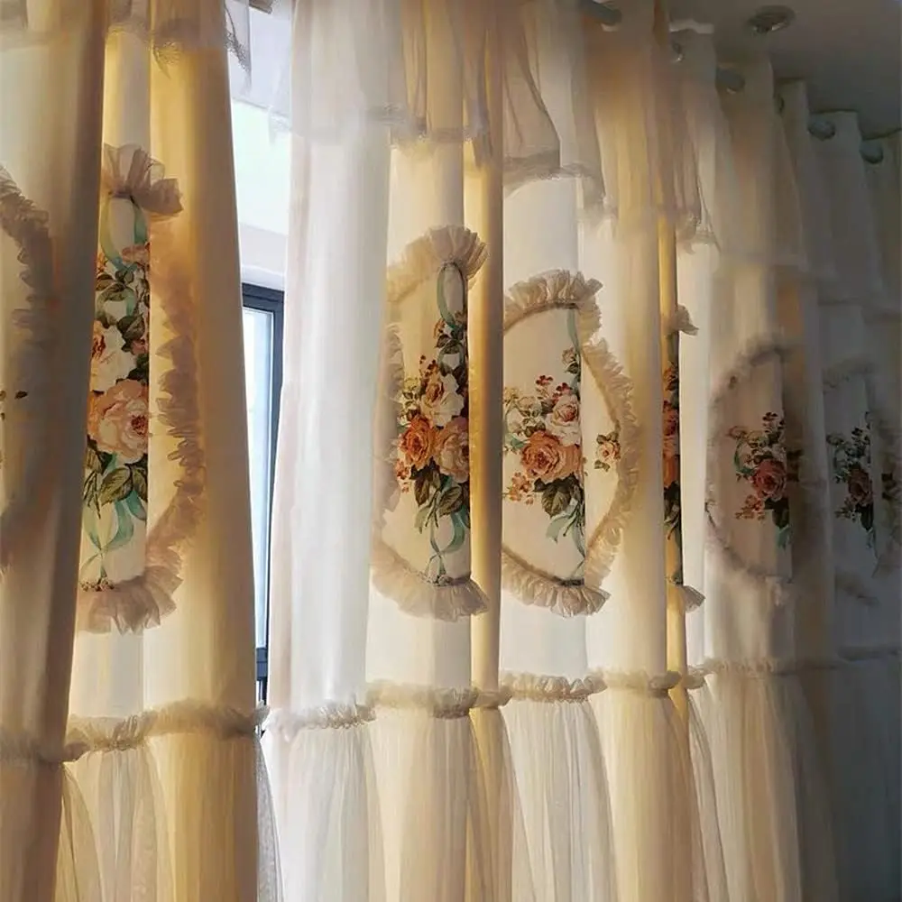 1 Panel 140cm Width Korean Style Double Layer Curtain with Valance Lace Curtain for Girls Princess Room Bedroom