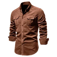 Camisa de algodón 100% con una hilera de botones para hombre, camisas informales de negocios a la moda de pana de Color sólido, camisa ajustada de otoño 2021