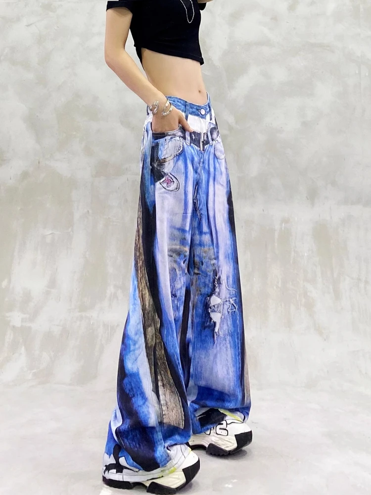 

Women's Casual Jeans Cool Color High Street 3D Printed Denim Pants Fashion Streetwear Oversized Hip Hop Cowboy Wide Leg Trousers
