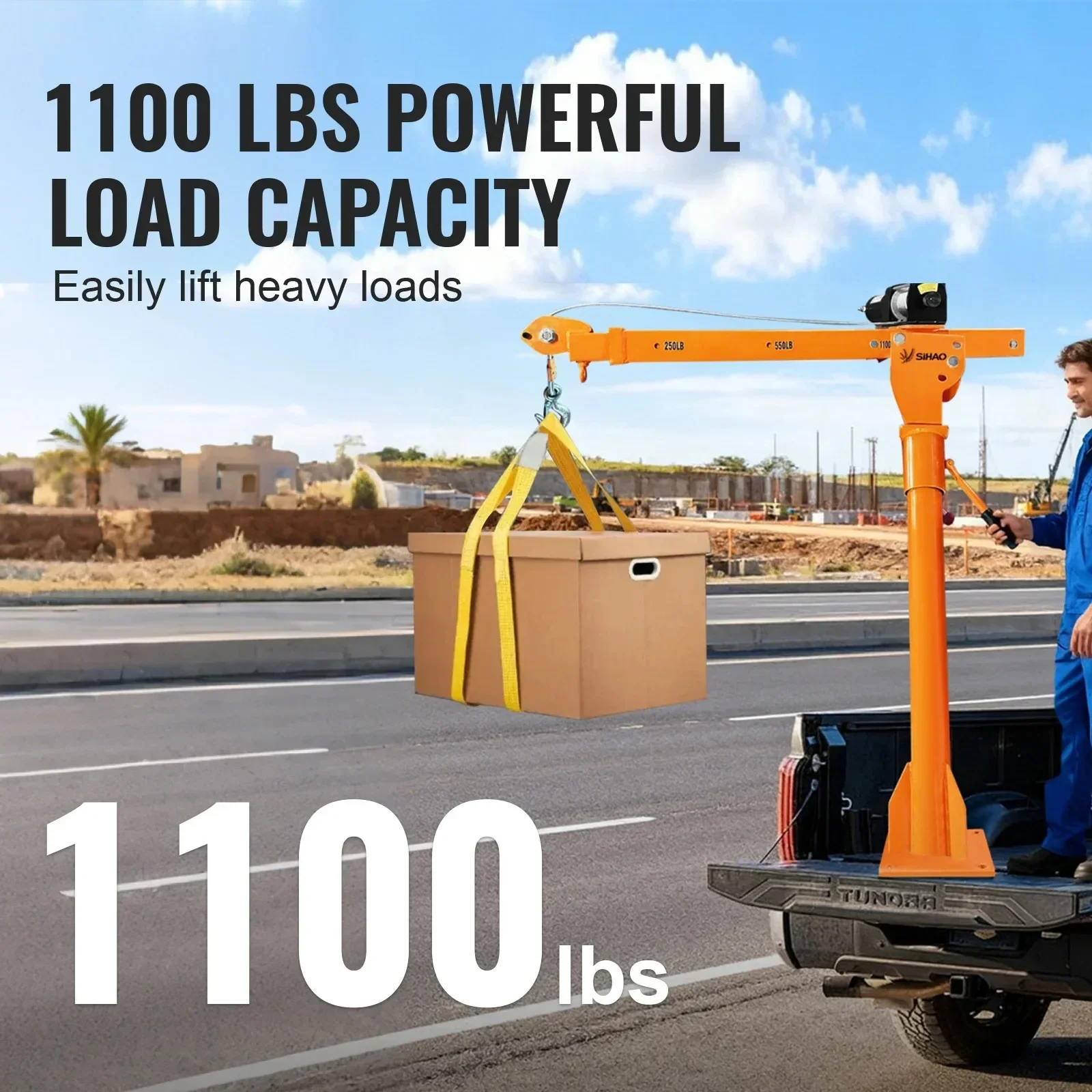 SIHAO 360° Rotatable Swivel Jib Hoist with 1100LBS Electric Winch for Daily Cargo Lifting Goods Work for Pickup Truck and Trailer Loading Operations