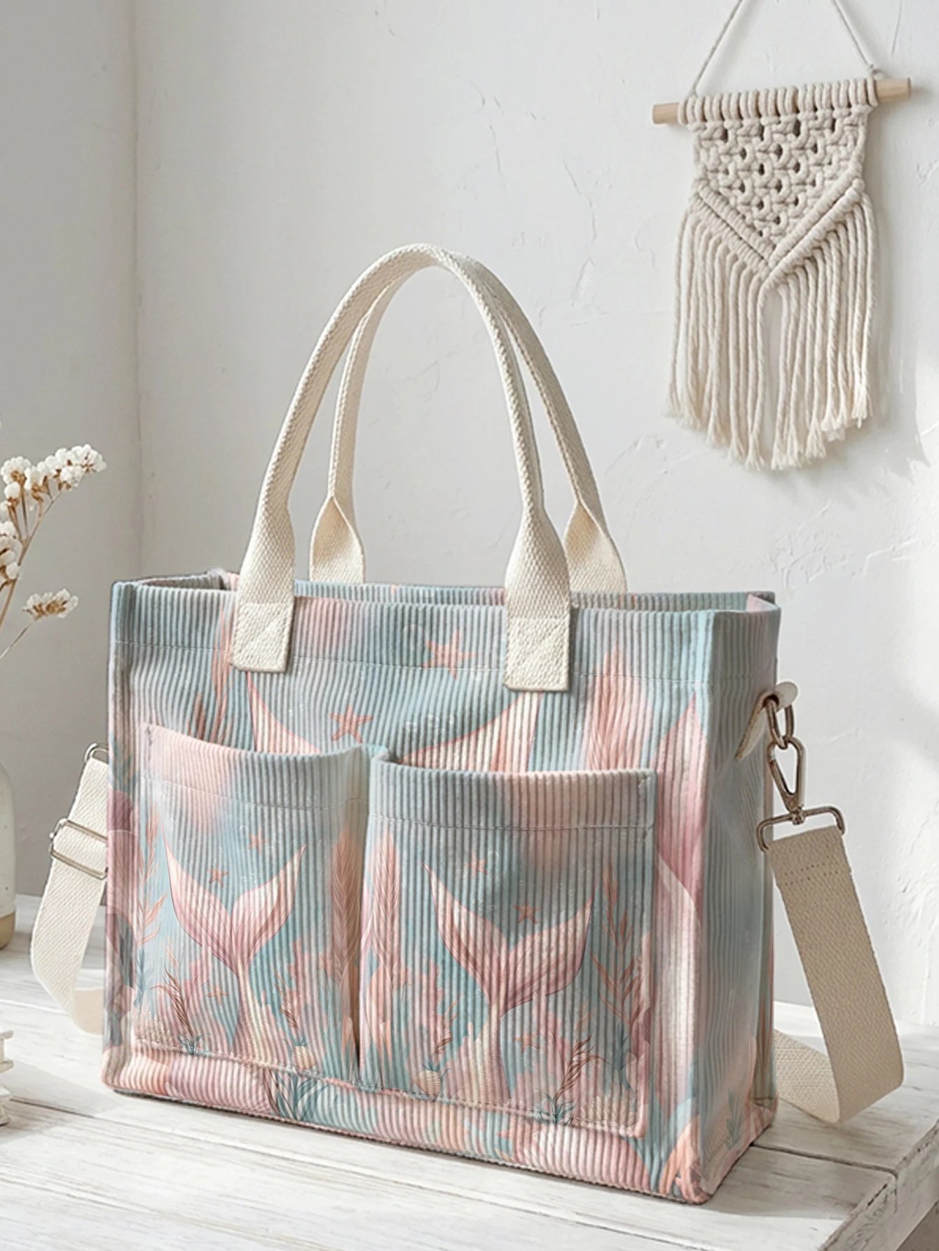 

Pastel Mermaid Tail Underwater Print Corduroy Tote Bag Large Capacity Multi Pocket Mermaid Lover Commuter Shoulder Bag