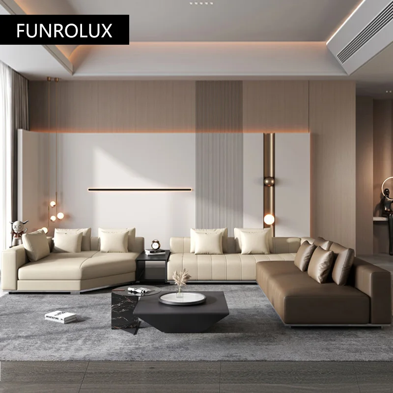 Piano Key Full Leather Sofa Large Living Room Large Flat Living Room Corner Minimalist Light Luxury Sofa