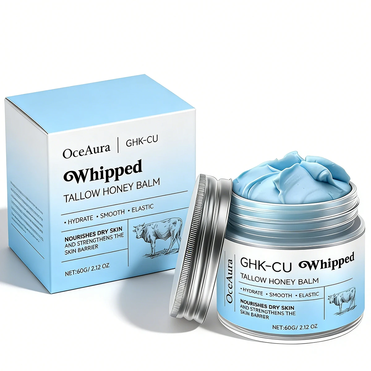 GHK-CU Beef Tallow for Dry & Sensitive Skin,Blue Moisturizer Cream with Honey & Vitamin E for Face Hands Body Deep Nourishing