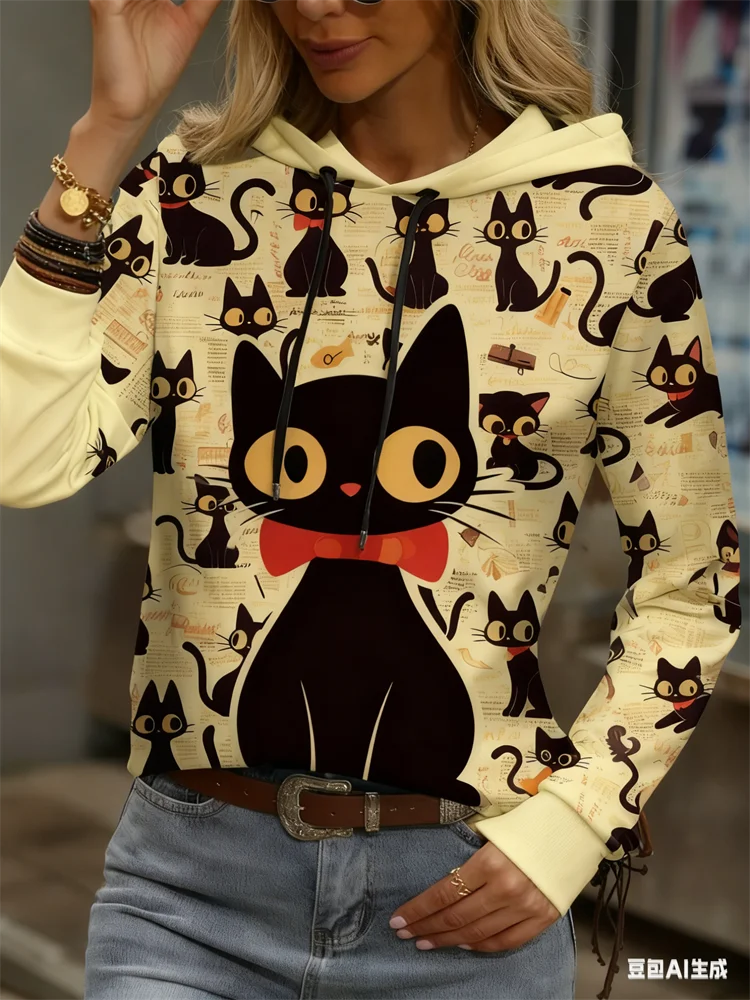 

Funny Cat Print Hoodies For Women 3D Animal Graphic Autumn Long Sleeve Sweatshirts Tops Outdoor Casual Female Oversized Clothing