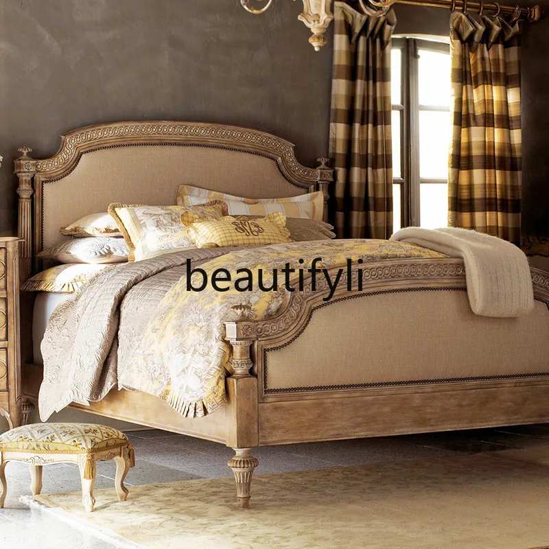 

Vintage Solid Wood Master Bedroom Large Bed Mid-Century Style Simple Bedroom American Wedding Bed French Vintage Double Bed