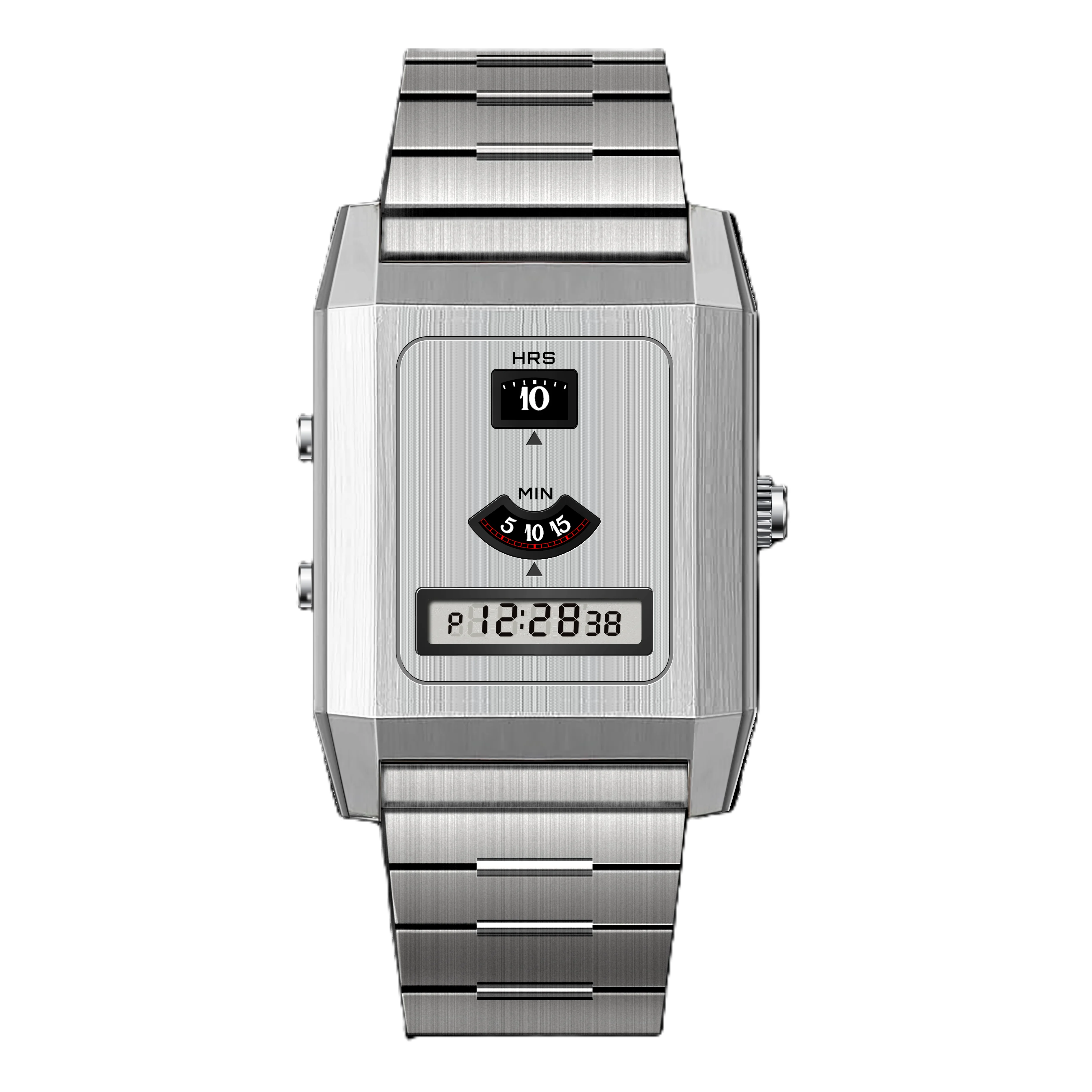 Fashion Quartz Electronic Dual Movement Men's Watch Tri-Display Backlight Alarm Unisex Wristwatch with Stainless Steel Strap