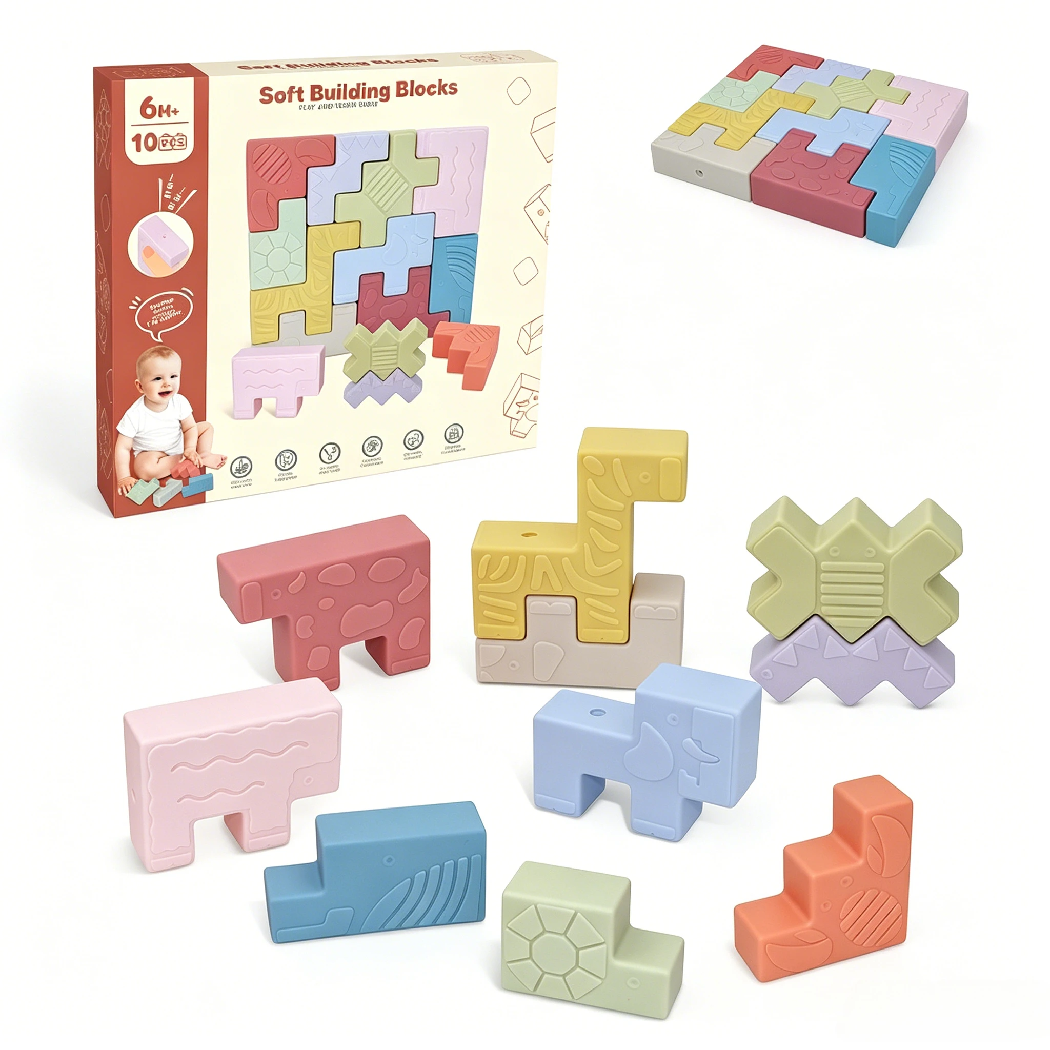 10Pcs Soft Farm Animal Blocks, chewable silicone stacking puzzle, Montessori educational toy for toddlers 0-3 years old