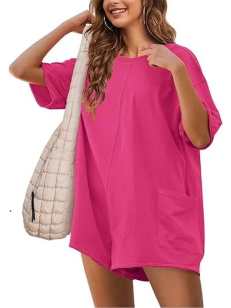 ファッション固体ジャンプスーツ新しい夏ルーズでカジュアル半袖 V ネック背中の開いたジャンプスーツエレガントなオフィスホリデーロンパース