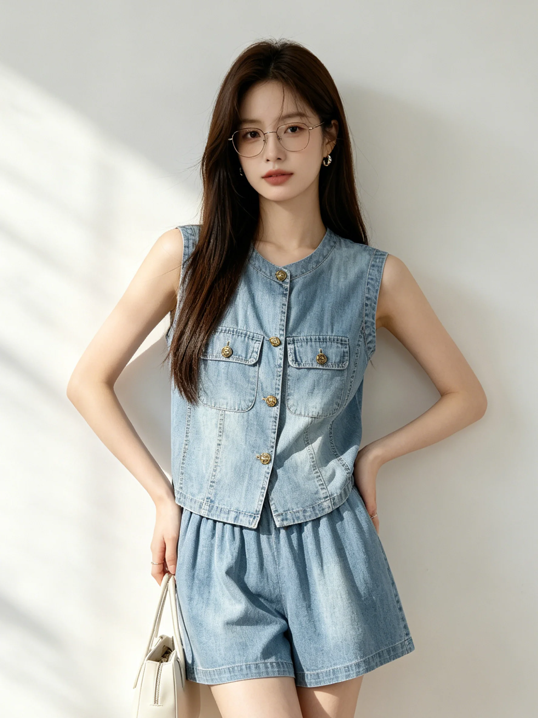 

Summer New Korean Style Simple Deep Blue Denim Vest High Waist Loose Short Pants Set Women's Fashion Short Sleeve round Neck