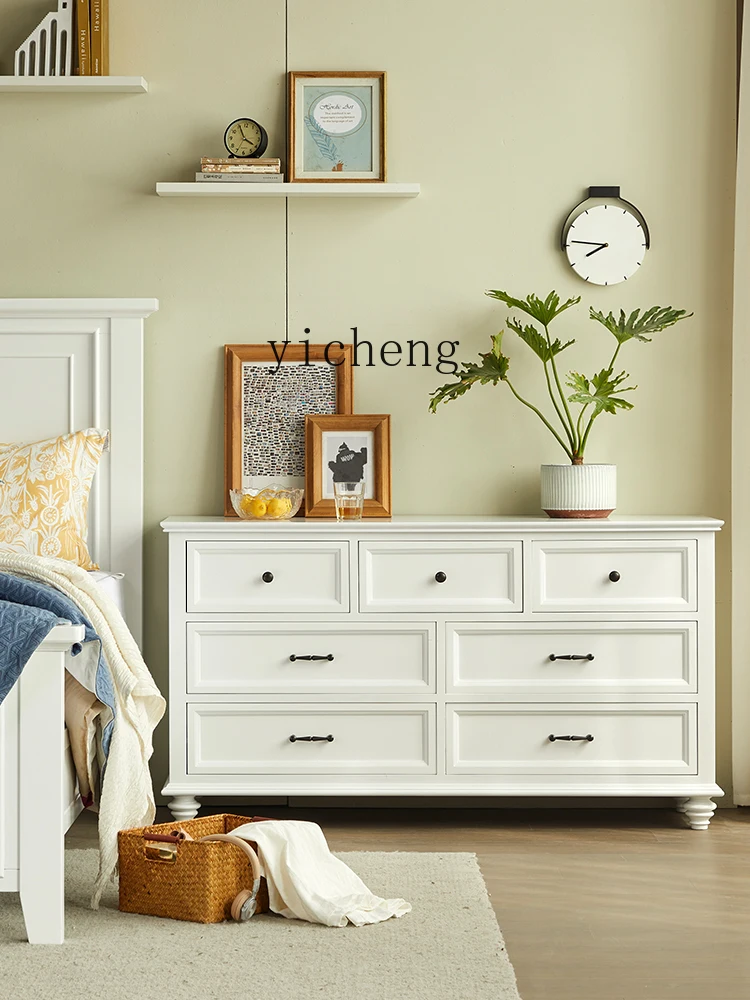 ZF Simple Walnut Wood Solid Wood Long Chest of Drawers Bedroom White Cream Style 7-Drawer Cabinet Storage