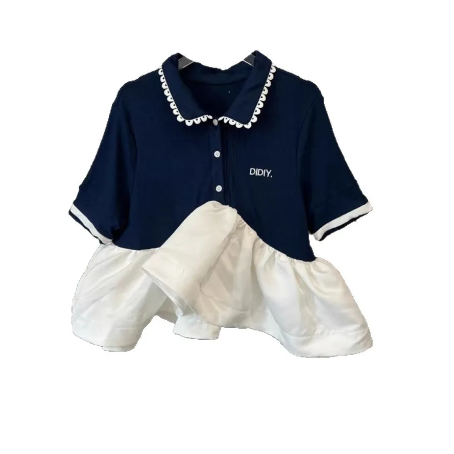 Primavera e verão novo estilo spice girl fino versátil emenda em camadas malha fofa de manga curta topo roupas femininas t camisa