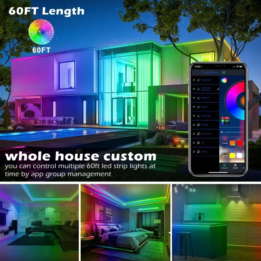 Led Strip Lights60ft Music Sync Color Changing Builtin Mic Bluetooth App Control LED Tape Lights with Remote 5050 RGB Rope Ligh
