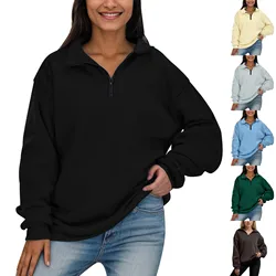 Womens Casual Long Sleeve Sweatshirt Solid Color Half Zip Drop Shoulder Quarter 1/4 Zipper Pullover Oversized Tunic Top