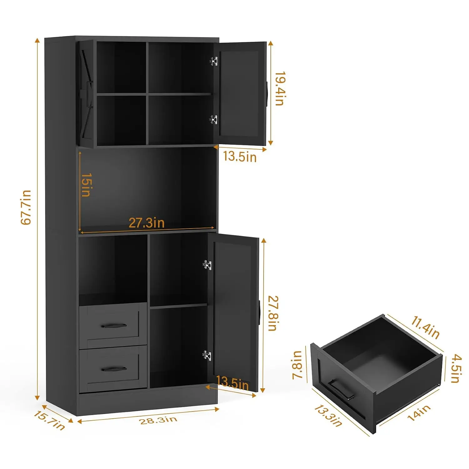 Farmhouse Pantry Cabinet LED & Power Strip, Tall Storage Hutch Microwave Stand Barn Doors Drawers Dining Room, Customized