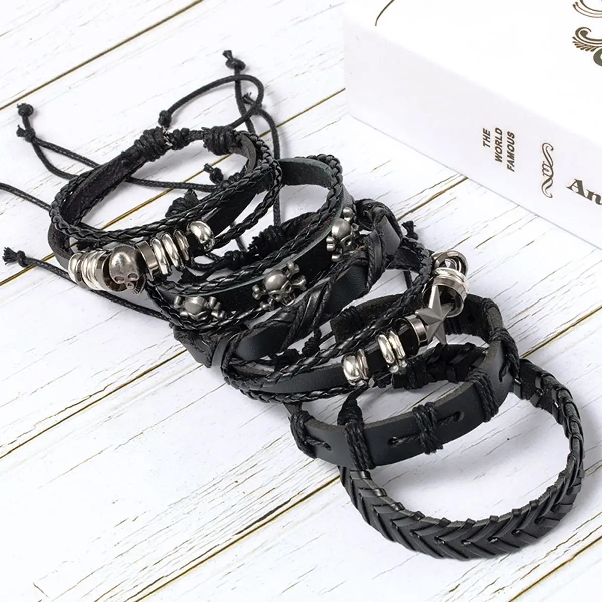 6pcs/Set Black Punk Skull & Star Shaped Alloy & Pu Leather Bracelet