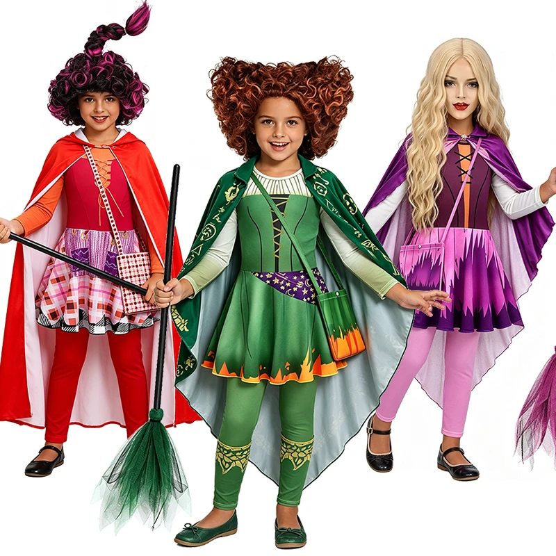 Sanderson Sisters Witch Costume for Girls Halloween Cosplay Hocus Pocus Masquerade Children Clothing Carnival Party Kids Clothes
