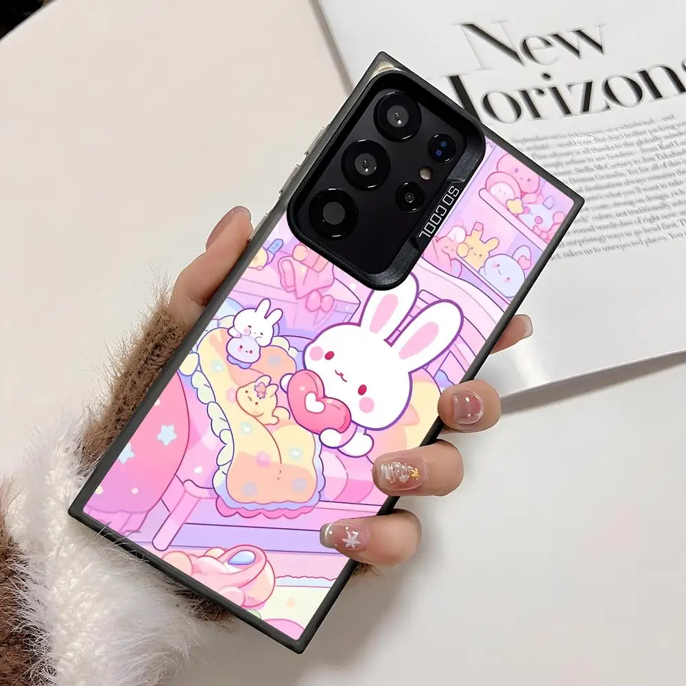 Casing Ponsel Kelinci Pink Kawaii Untuk Samsung Galaxy S25 Edge S24 S23 S22 S21 S20 Ultra Funda Silikon Penutup Perak