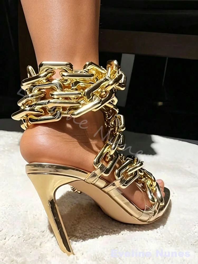 Gold Chain Ankle Wrap High Heel Sandals Women Square Toe Transparent Strap Thin Stiletto Sandals Luxury Wedding Party High Heels view 6