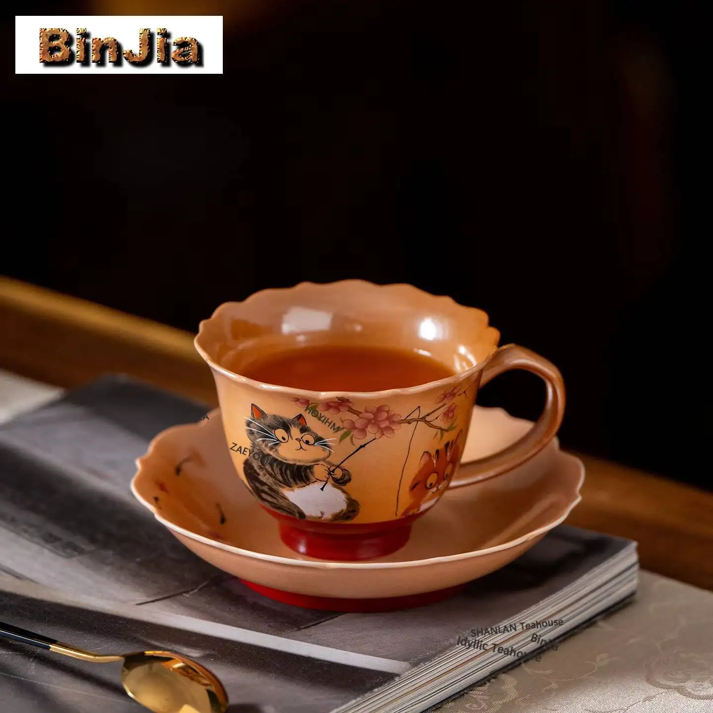 160ml Kitten Fishing Coffee Mug with Plate Kitchen Cup Afternoon Tea Mug Cup Saucer Kit Office Water Cup Drinkware Ornaments